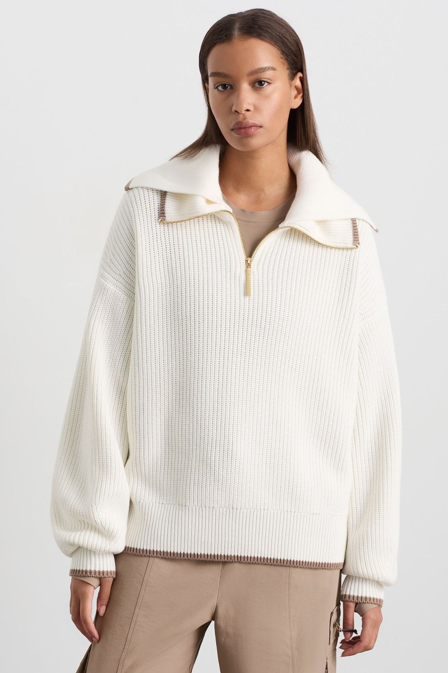 Outerwear Aje ATHLETICA | 1/4 Zip Ribbed Knit Jumper 431 Ivory Dune Brown