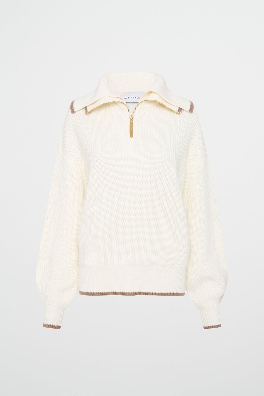 Outerwear Aje ATHLETICA | 1/4 Zip Ribbed Knit Jumper 431 Ivory Dune Brown