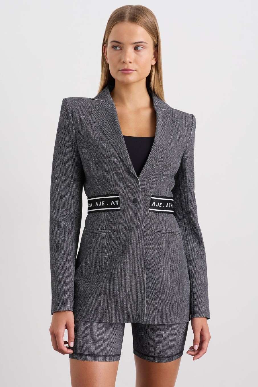 Outerwear Aje ATHLETICA | Belted Logotape Blazer 713 Herringbone Print