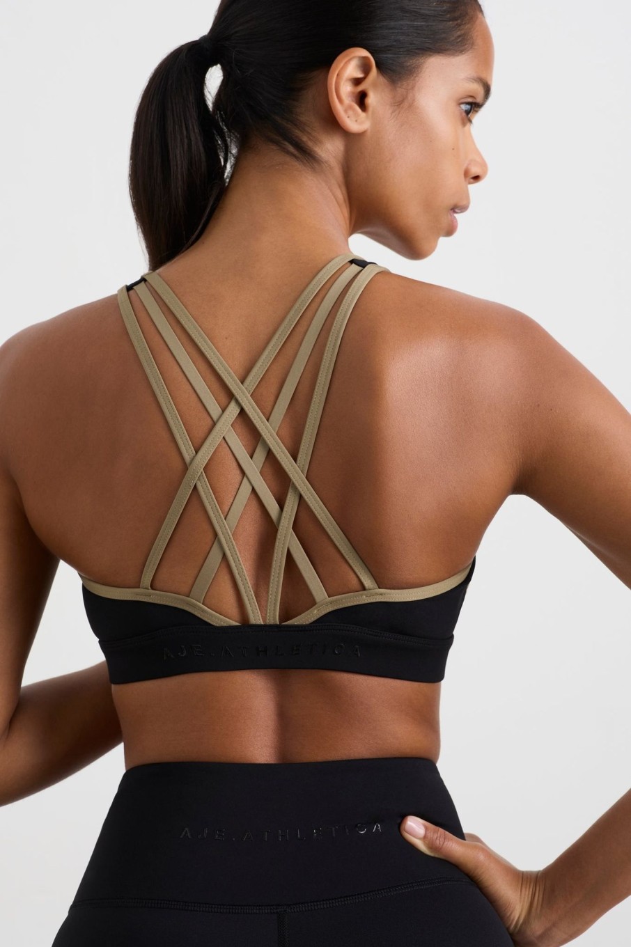 Tops Aje ATHLETICA | Lattice Logo Strap Bra 360 Black Soft Khaki