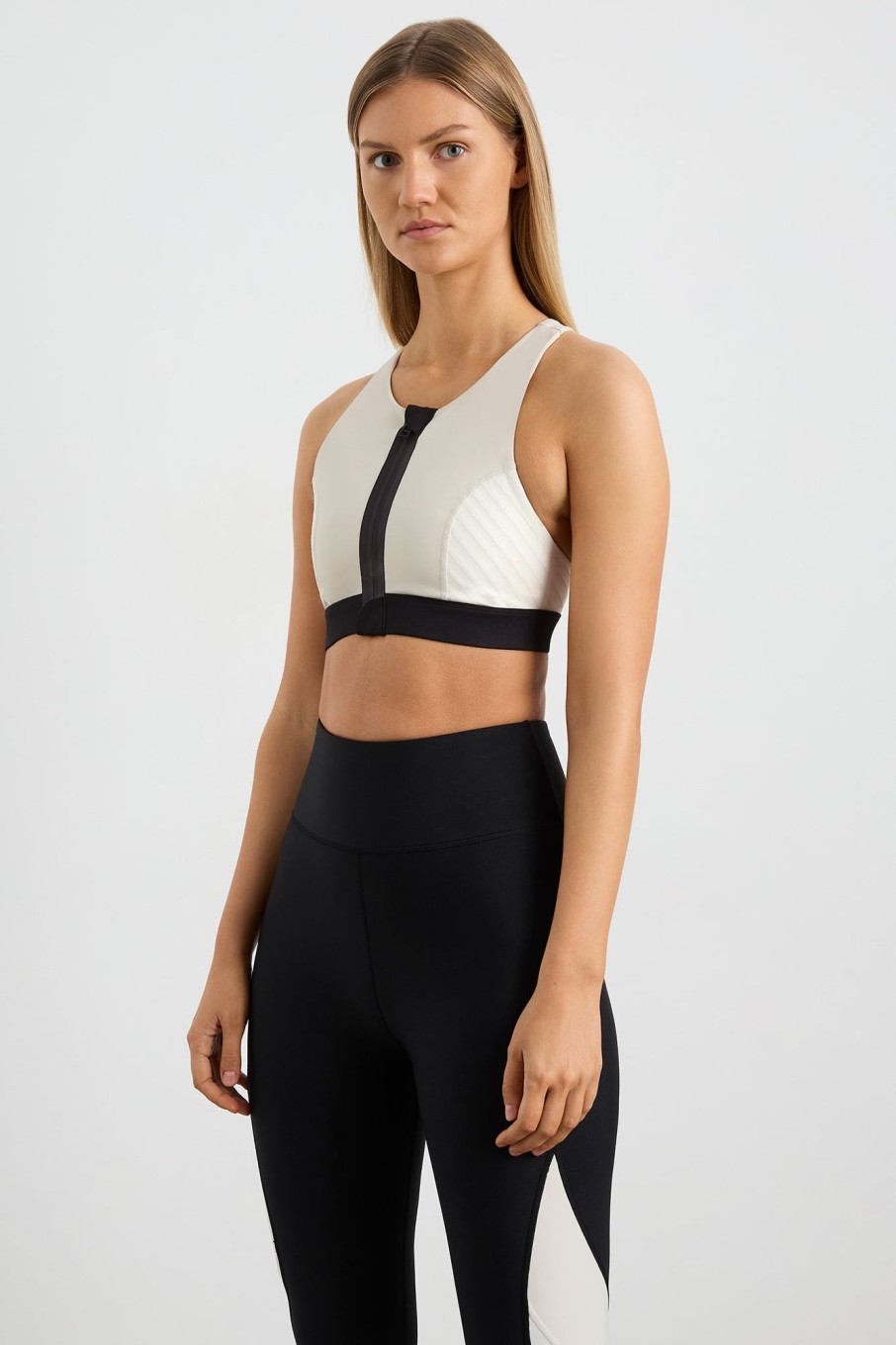 Tops Aje ATHLETICA | Quilted Zip Front Bra 304 Moonstone Grey / Ecru / Black