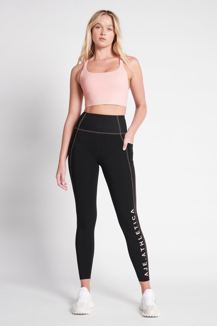 Bottoms Aje ATHLETICA | High Rise Contrast Stitch Logo Full Length Legging 203 Black/Rose Quartz