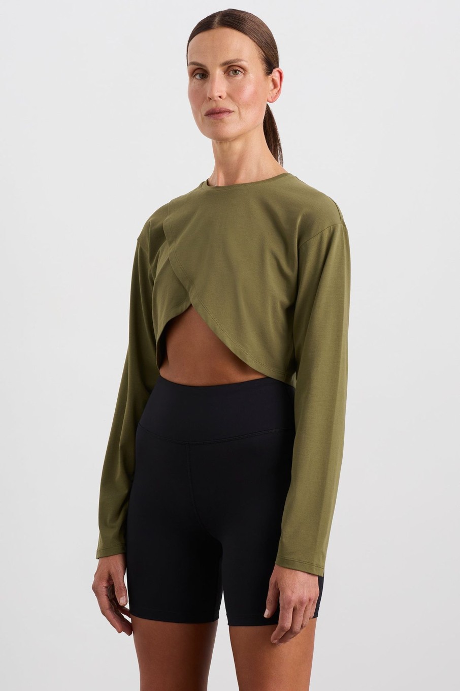 Tops Aje ATHLETICA | Cropped Crossover Long Sleeve Top 440 Deep Khaki