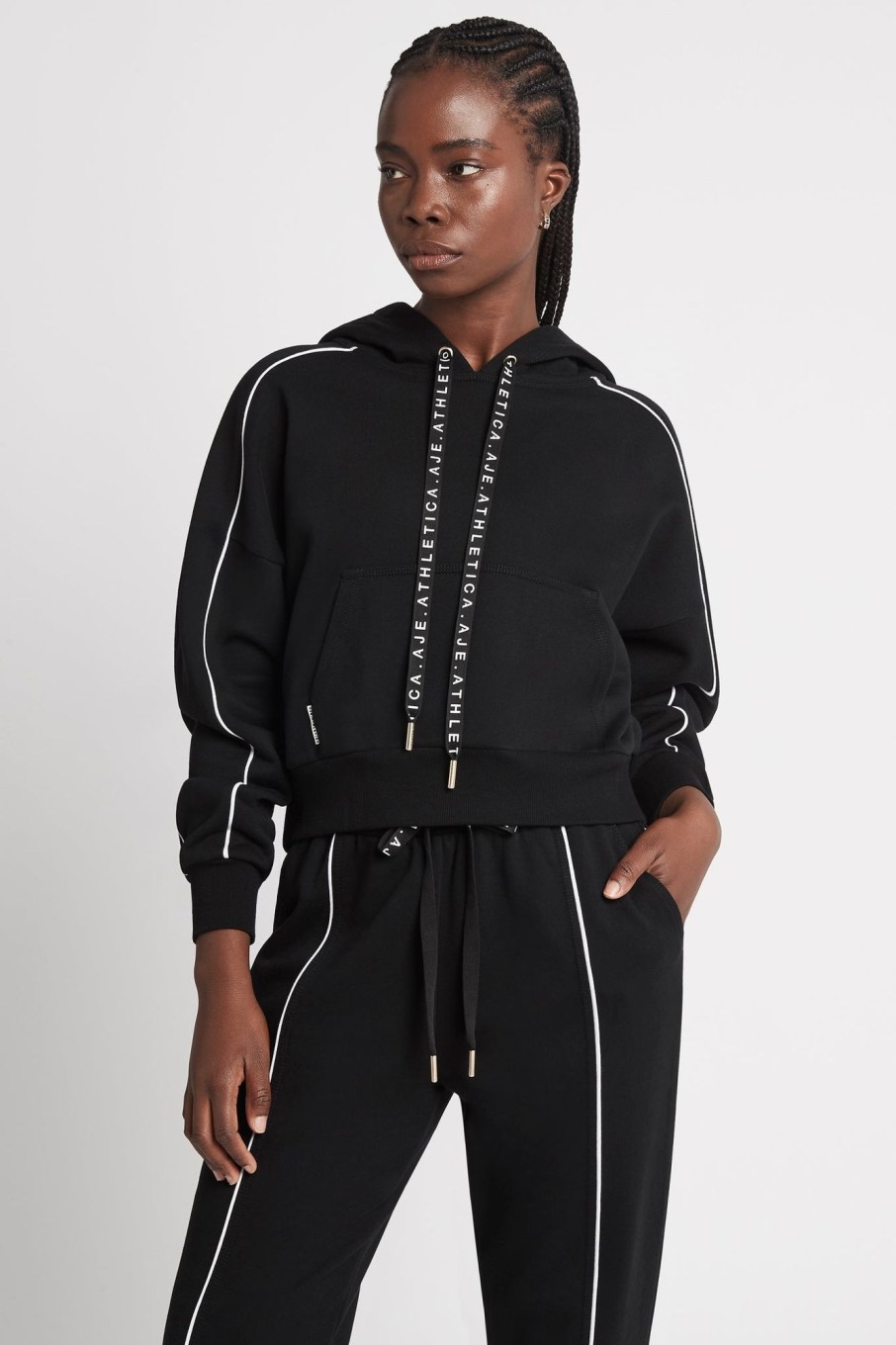 Outerwear Aje ATHLETICA | Cropped Essential Contrast Piping Hoodie 405 Black/White