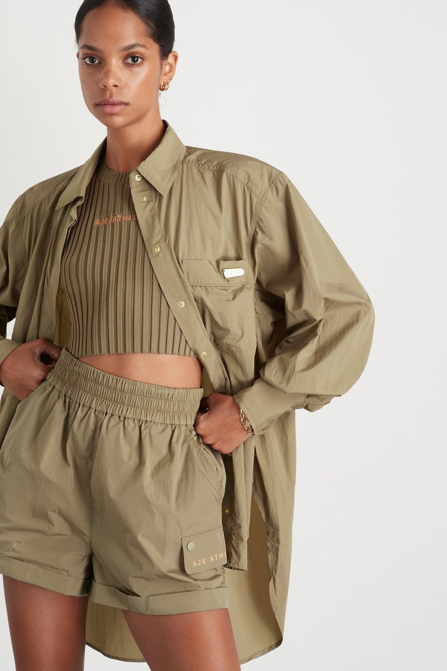 Tops Aje ATHLETICA | Side Split Windbreaker Shirt 406 Soft Khaki