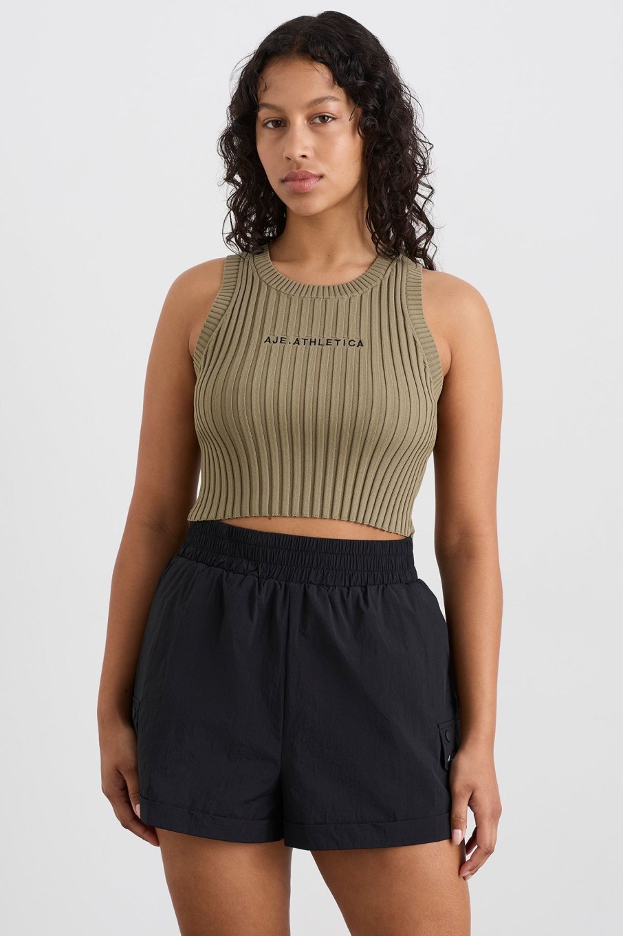 Tops Aje ATHLETICA | Cropped Knitted Logo Tank 135 Soft Khaki/Black